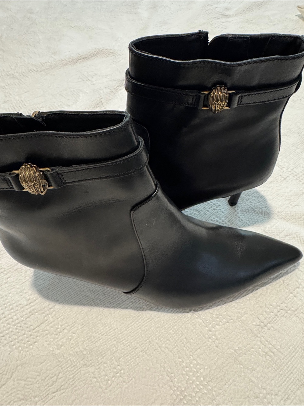 Kurt Geiger Black Pointed-Toe Ankle Booties with Gold Emblem